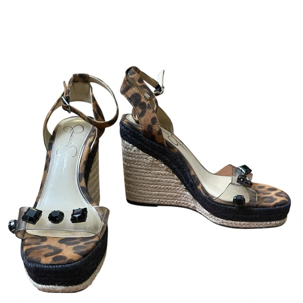 Jessica Simpson Leopard Espadrille Wedge Sandals Clear Strap Gem Studs Size 7